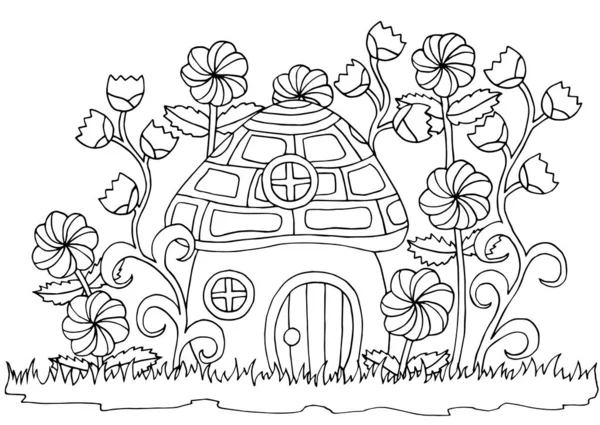 Сторінка розмальовки з грибним будинком у квітах — стоковий вектор
