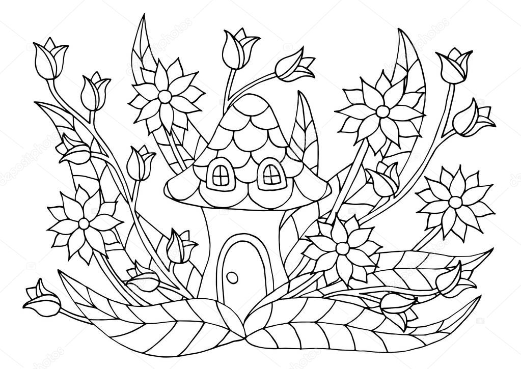 Coloring book page with a mushroom house in flowers