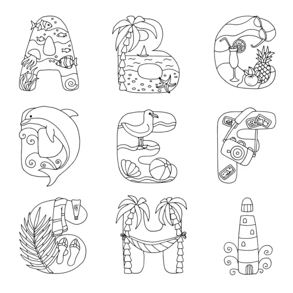 Дудл алфавит с отдыхом на море, от А до I, для раскраски страницы — стоковый вектор