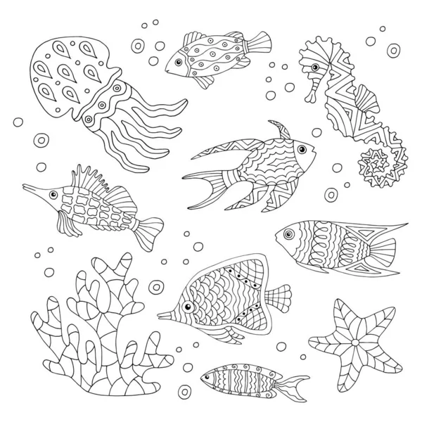 手描きの海魚、着色ページ — ストックベクタ