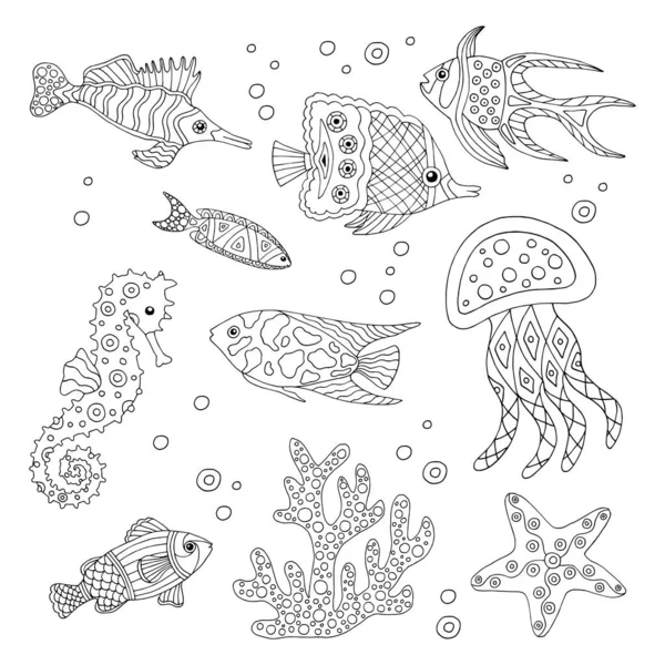Морская рыба ручной работы, страница раскраски — стоковый вектор
