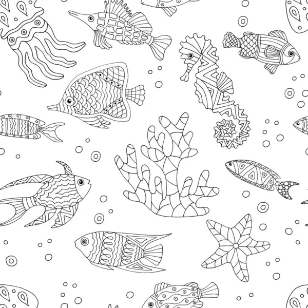 Elle çizilmiş deniz balığı ile soyut dikişsiz desen, boyama sayfası