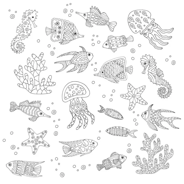 Peces marinos dibujados a mano, página para colorear — Vector de stock