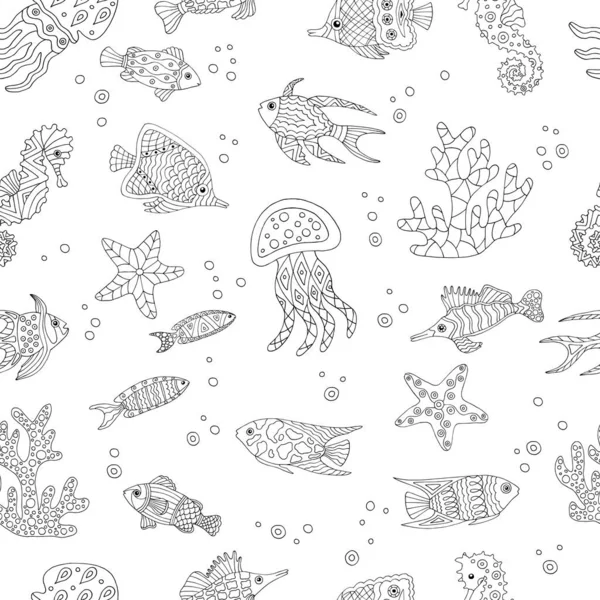 Patrón sin costura abstracto con peces marinos dibujados a mano, página para colorear — Vector de stock