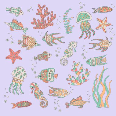 El ile çizilmiş deniz balığı seti