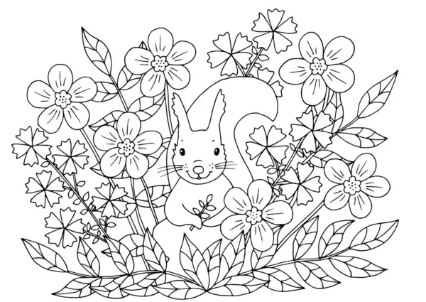 Desenho para colorir com flores e esquilo — Vetor de Stock