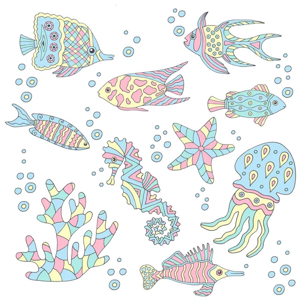 Hand-drawn set of sea fish — Stock Vector