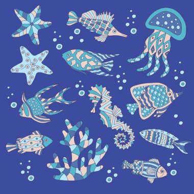 El ile çizilmiş deniz balığı seti