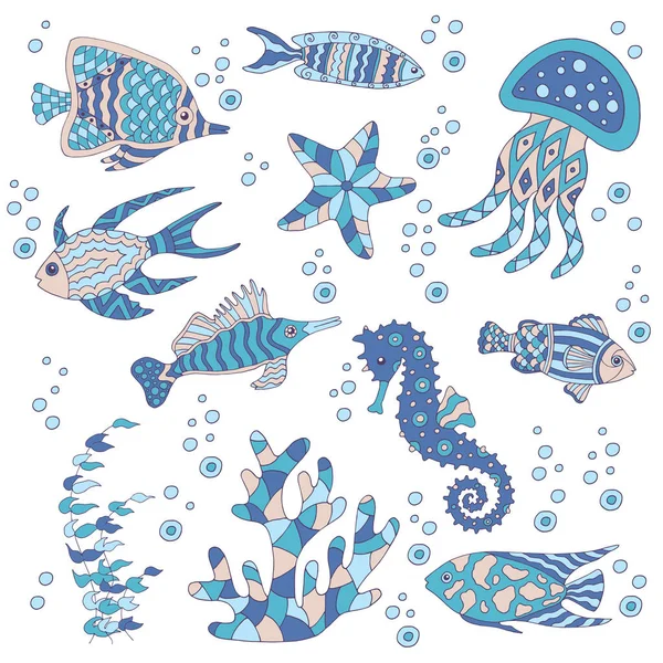 Hand-drawn set of sea fish — Stock Vector