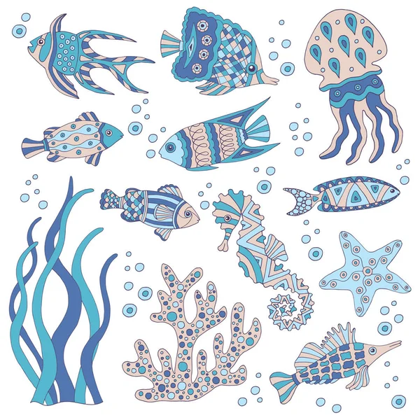 Conjunto de peces marinos dibujados a mano — Vector de stock