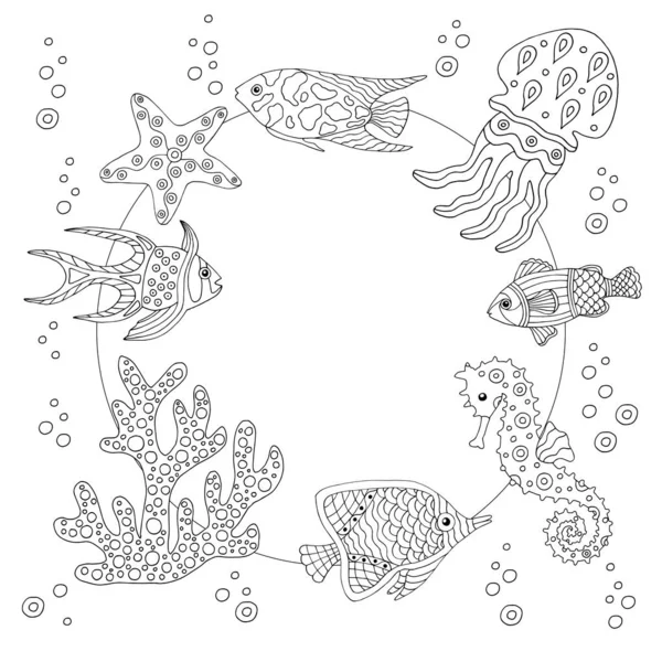 Marco con peces de mar, página para colorear — Archivo Imágenes Vectoriales