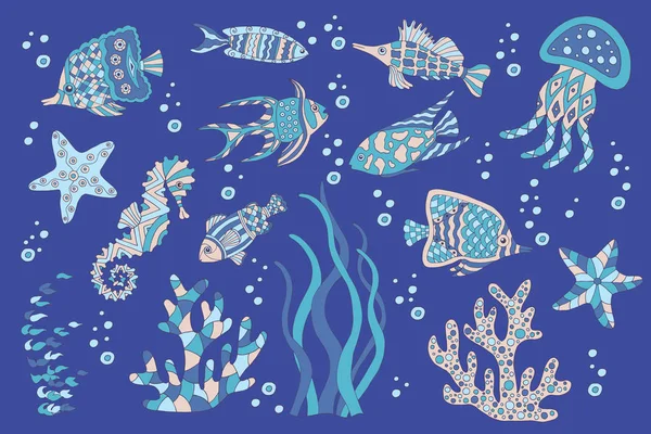 Conjunto de peixes marinhos desenhados à mão — Vetor de Stock