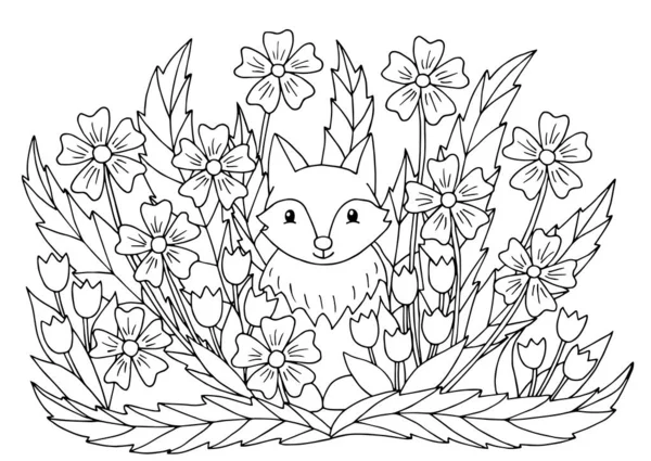Színezés oldal virágokkal és aranyos róka — Stock Vector