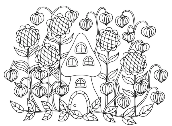 Desenho de livro para colorir com uma casa de cogumelos em flores — Vetor de Stock