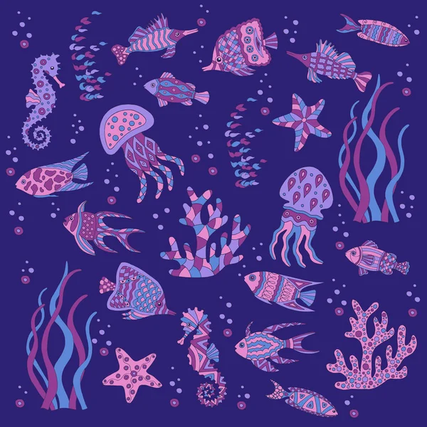 Conjunto de peces marinos dibujados a mano — Vector de stock