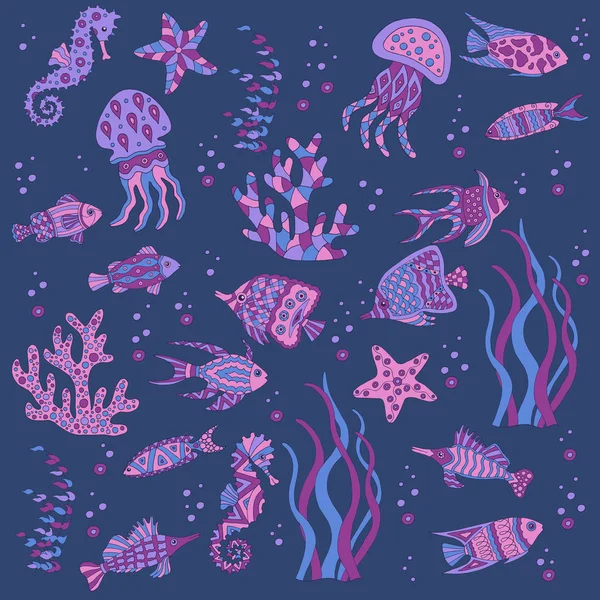 Hand-drawn set of sea fish — Stock Vector