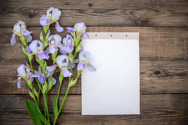 Beautiful purple flowers irises, a sheet of paper on a wooden background — Stock Photo, Image