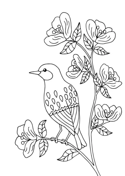 Oiseau assis sur une branche, coloriage — Image vectorielle