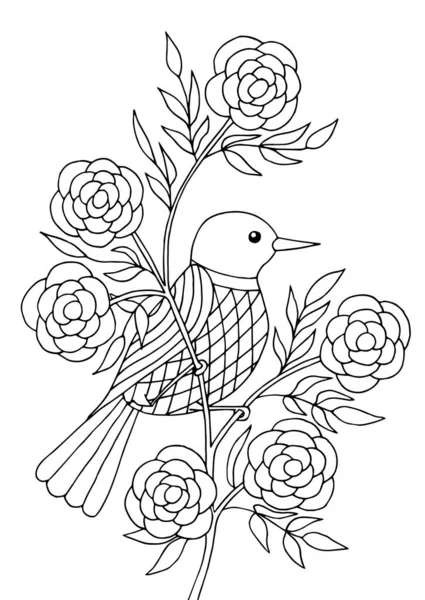Птица сидит на ветке, раскраска страницы — стоковый вектор