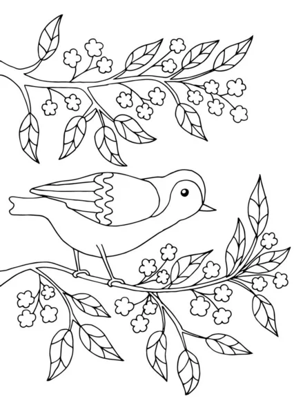 Bird sitting on a branch, coloring page — Stock Vector