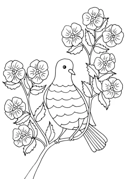 Bir şube, boyama sayfası üzerinde oturan kuş — Stok Vektör