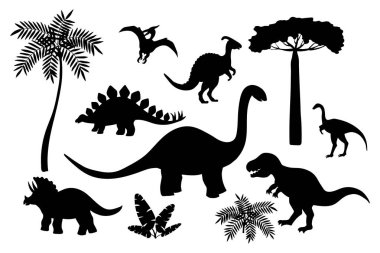Beyaz arka plan üzerinde siyah dinozor siluetleri seti