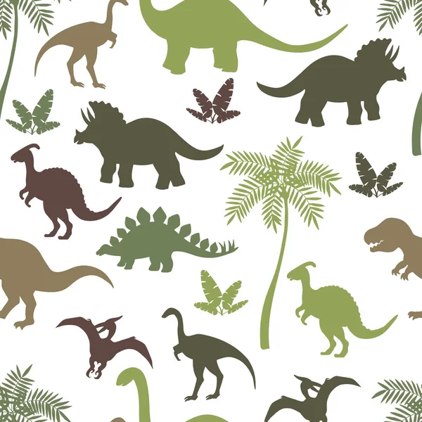 Sömlöst mönster med färgglada dinosaurie-silhuetter — Stock vektor