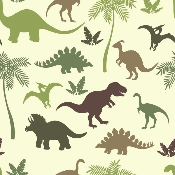 Seamless pattern with colorful dinosaur silhouettes — Stock Vector