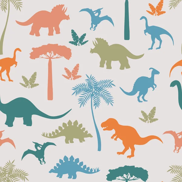 Naadloos patroon met kleurrijke dinosaurus silhouetten — Stockvector