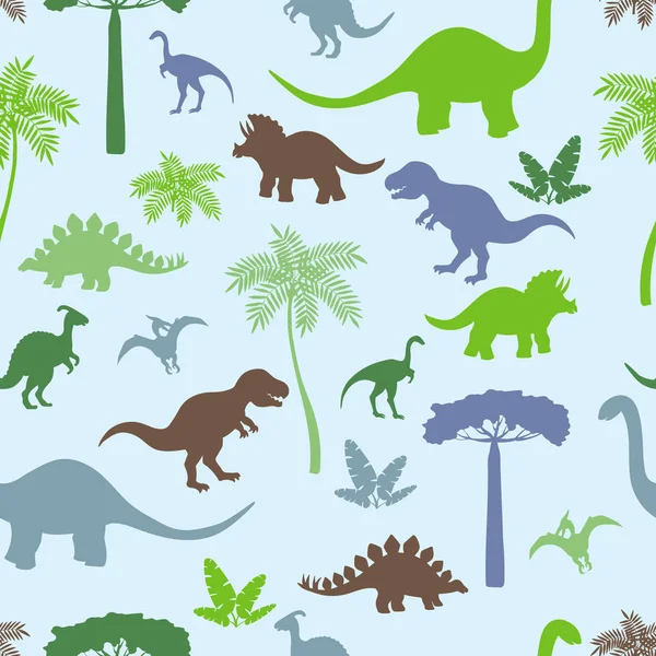 Seamless pattern with colorful dinosaur silhouettes — Stock Vector