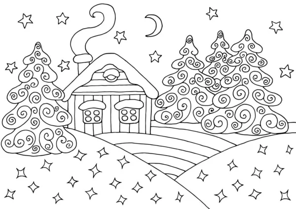 Maison dans la forêt d'hiver - coloriage — Image vectorielle