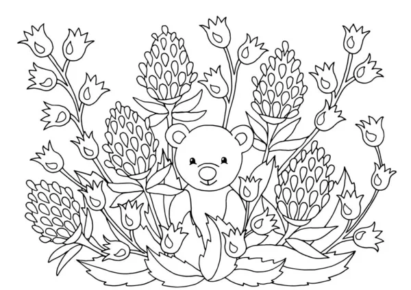 Розмальовка сторінка з квітами і милою ведмежою дитиною — стоковий вектор