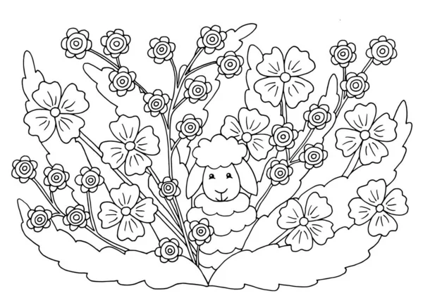 Розмальовка з квітами і маленькою вівцею, ягням — стоковий вектор