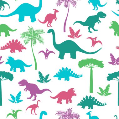 Renkli dinozor siluetleri ile dikişsiz desen