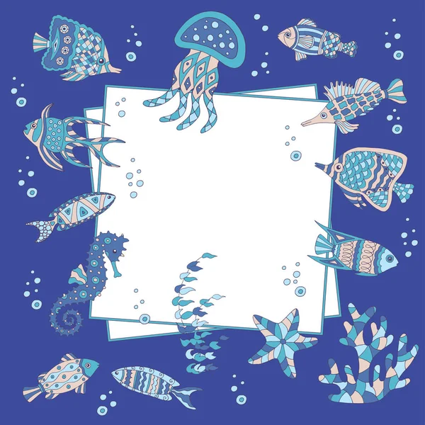 Marco con un conjunto de peces marinos abstractos — Vector de stock