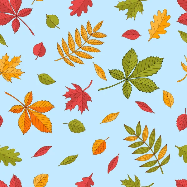 Patrón sin costuras de hojas brillantes de otoño sobre fondo azul — Vector de stock