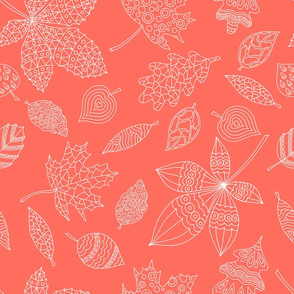 Patrón sin costuras de hojas abstractas de otoño, contorno blanco sobre fondo rojo — Vector de stock