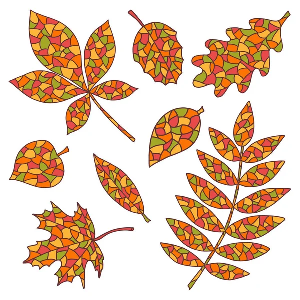 Set of beautiful abstract leaves in autumn palette, stained glass style — Stock Vector