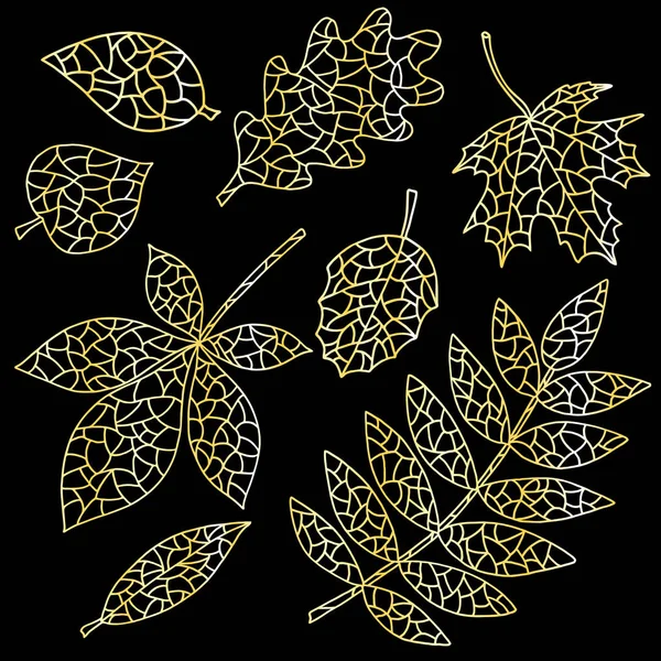 Bel ensemble de feuilles d'automne abstraites avec effet or — Image vectorielle