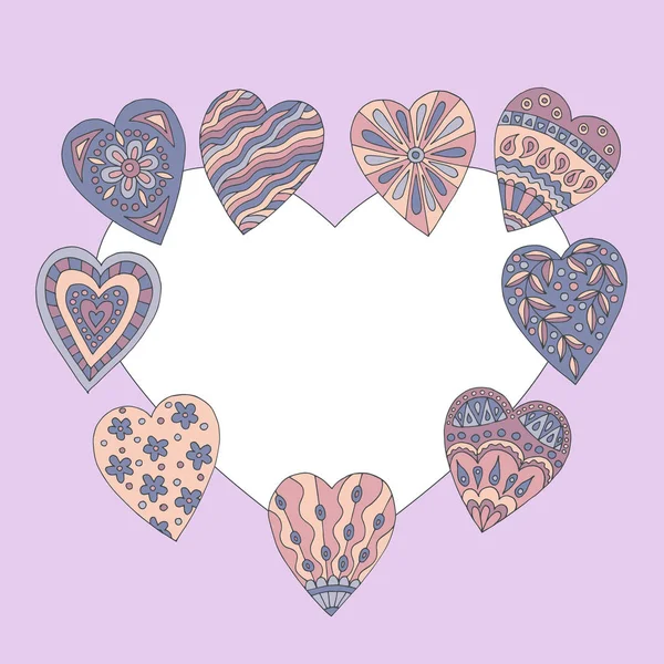 Romantyczna fioletowa ramka z ręcznie rysowanych Doodle Hearts — Wektor stockowy