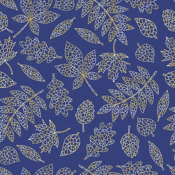 Modèle sans couture de feuilles d'automne abstraites avec effet or sur fond bleu — Image vectorielle