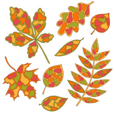 Sonbahar paleti güzel soyut yaprakları seti, vitray tarzı