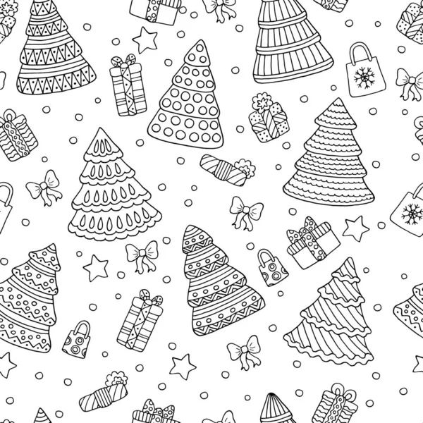 Zbarvení stránky, bezproblémové pozadí s čmáranice vánoční stromky a dárky — Stockový vektor