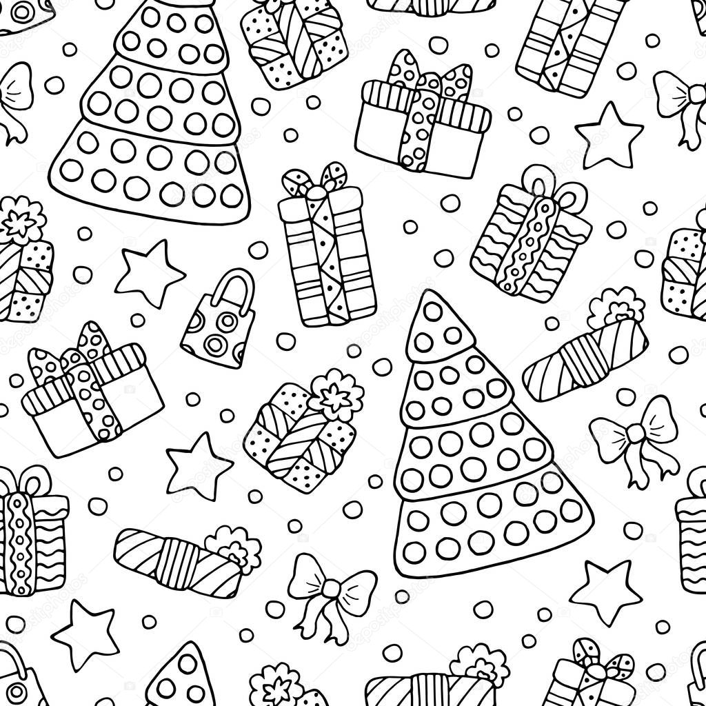 Coloring page, seamless background with doodle Christmas trees and gifts