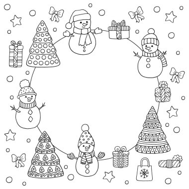 Yuvarlak çerçeveli kardan adamlar ve Noel ağaçları, boyama sayfası