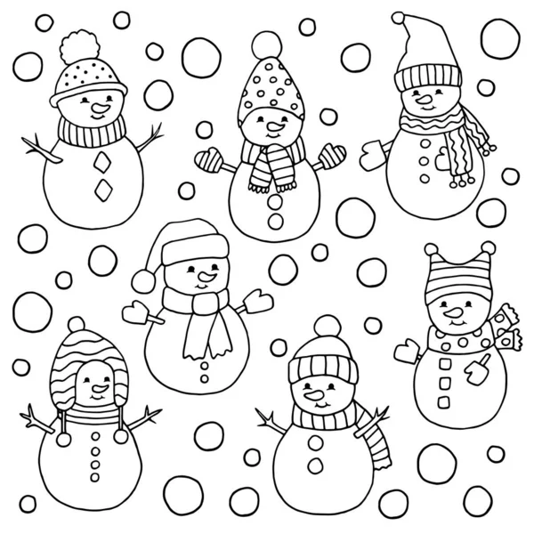 Conjunto de bonecos de neve bonitos, página para colorir —  Vetores de Stock