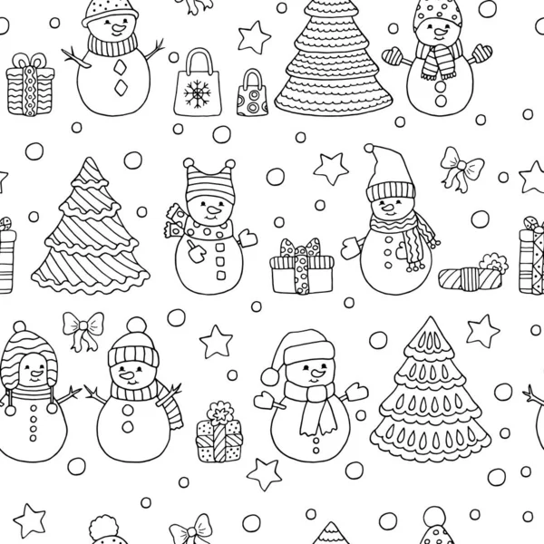 Zimní vánoční bezešvé vzor se sněhuláky, zbarvení stránky — Stockový vektor