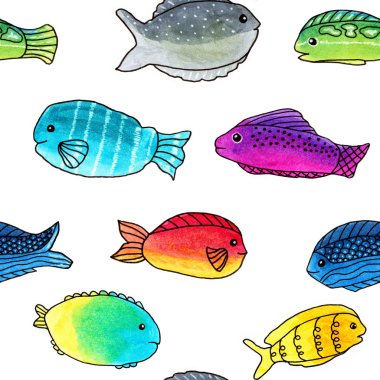 Elle çizilmiş balıklar, işaretleyiciler ve kalemlerle kusursuz desen.