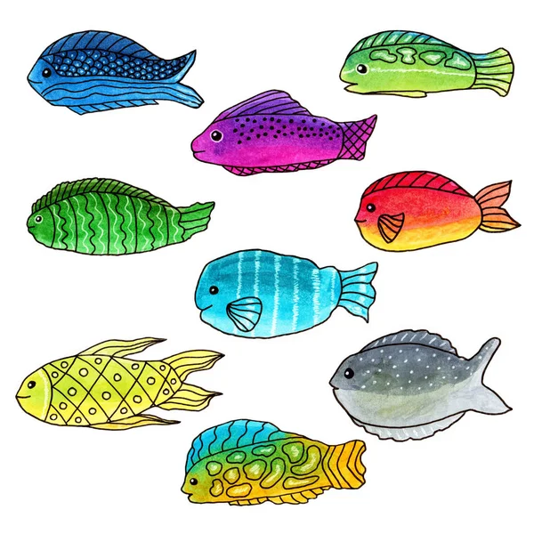 Coloridos peces garabatos abstractos dibujados a mano —  Fotos de Stock
