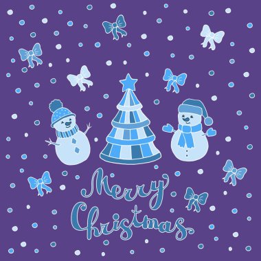 Noel ağacı ve kardan adam dolu tebrik kartı.